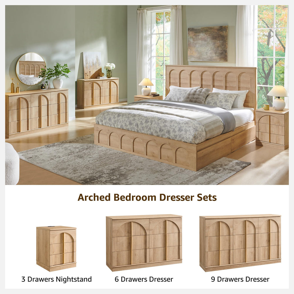 Arched King Size Bed Frame Modern with 4 Drawers, Natural Oak