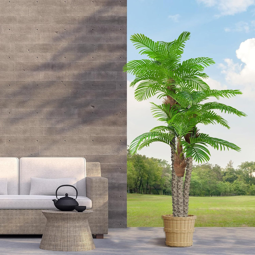 Artificial Palm Trees for Outdoors- 8.5ft Tall Triple Tropical Palm Artificial Tree, UV Resistant Fake Palm Plant