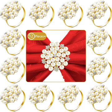 Gold Napkin Rings Pearls and Flower Napkin Buckles - Set of 12
