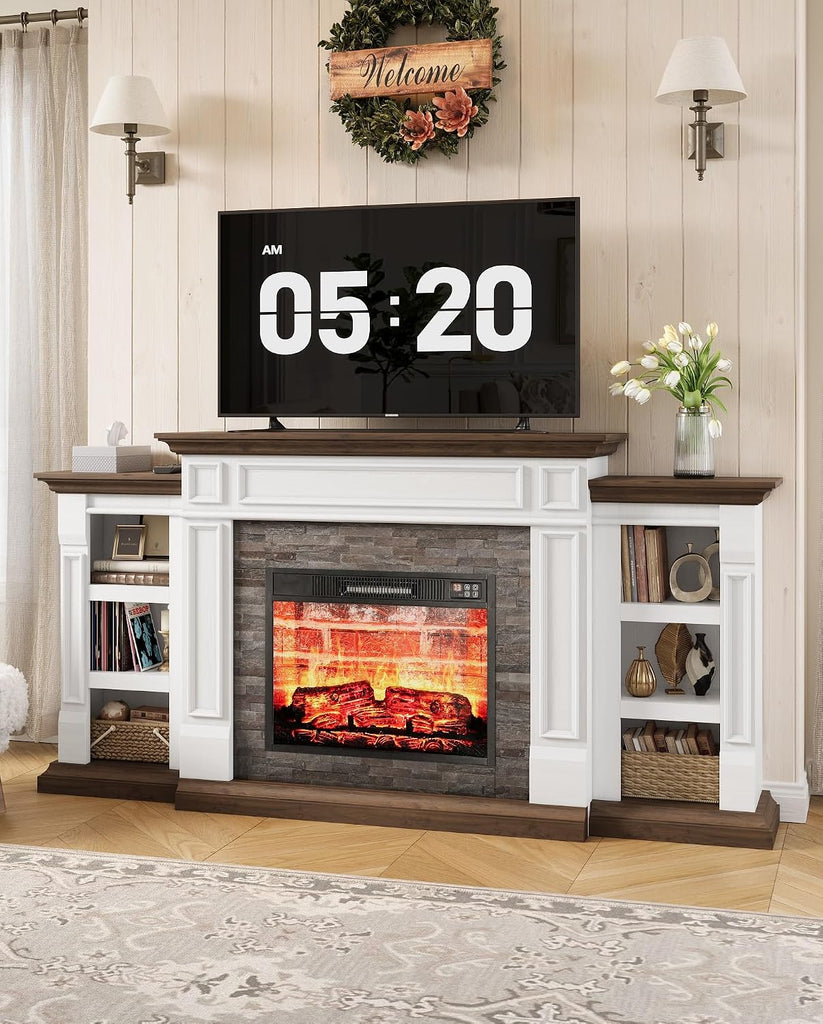 72" Electric Fireplace with Mantel and Cabinets, Fireplace TV Stand for Living Room Bedroom, Stacked Stone Surround