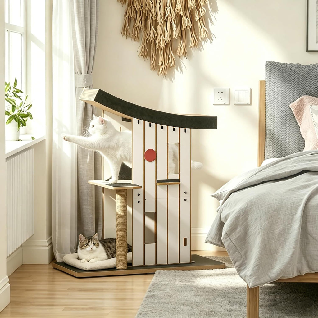 Cat Tree Tower with Scratching Post, Curved Roof