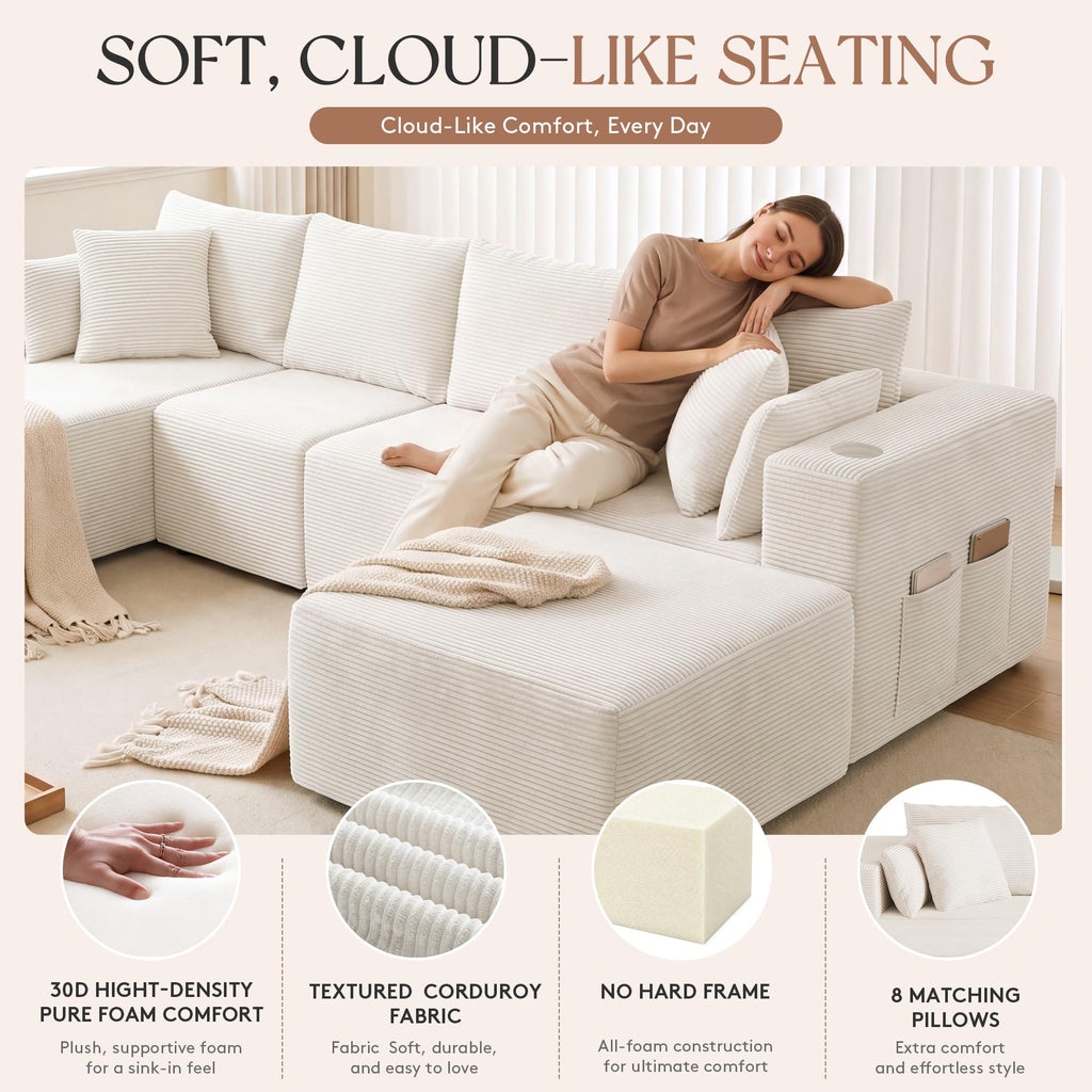 130" Cloud Sectional Boneless Couches, Modular U Shaped Couch with Deep Seat, Removable Ottoman, Memory Foam