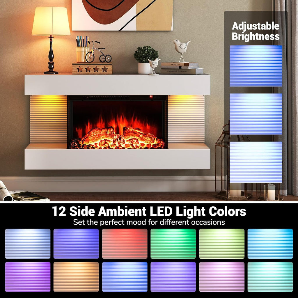 18-Inch Wall Mount Electric Fireplace with 32-Inch Floating Mantel, Remote, 3 Sided Electric Fireplace