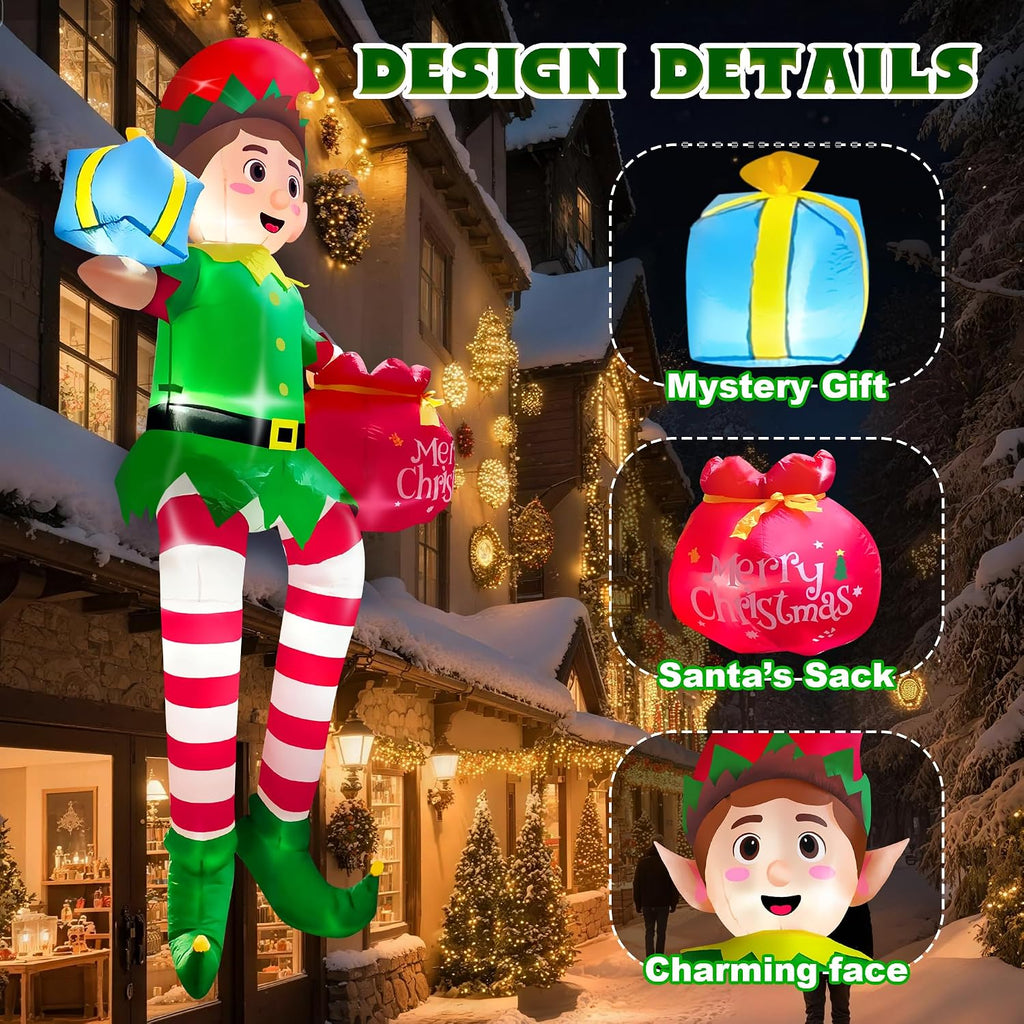 10FT Christmas Inflatable Outdoor Decoration, Sitting Elf Inflatable Christmas Blow up Yard Decorations with LED