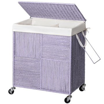 Double Laundry Hamper with Wheels, Handwoven Rolling Laundry Basket