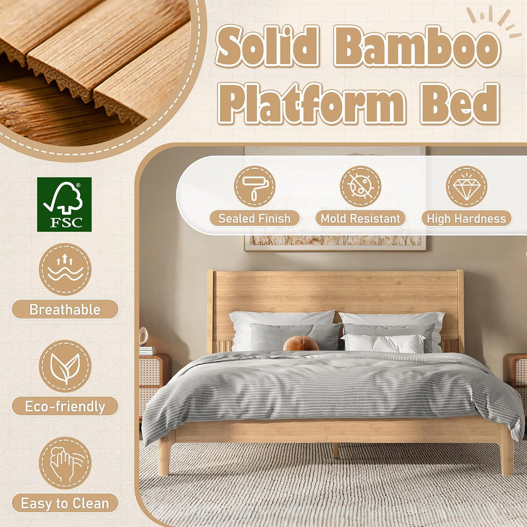 Bamboo Platform Bed Frame with Tall Headboard, Solid Bamboo Bed Frame with Support Slats, Modern Low