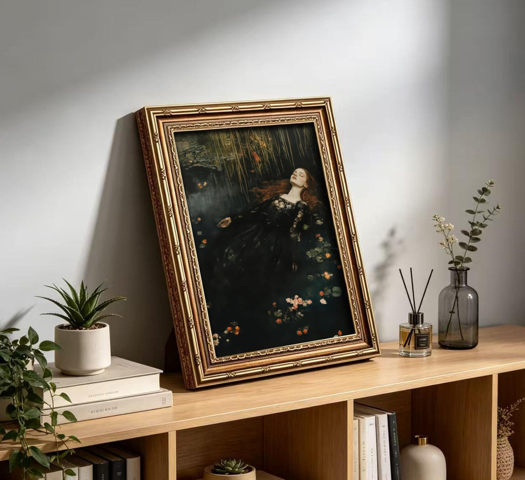 Vintage Gold Framed Ophelia Wall Art, Victorian Gothic Oil Painting Canvas Print, Classic Dark Academia Aesthetic Wall