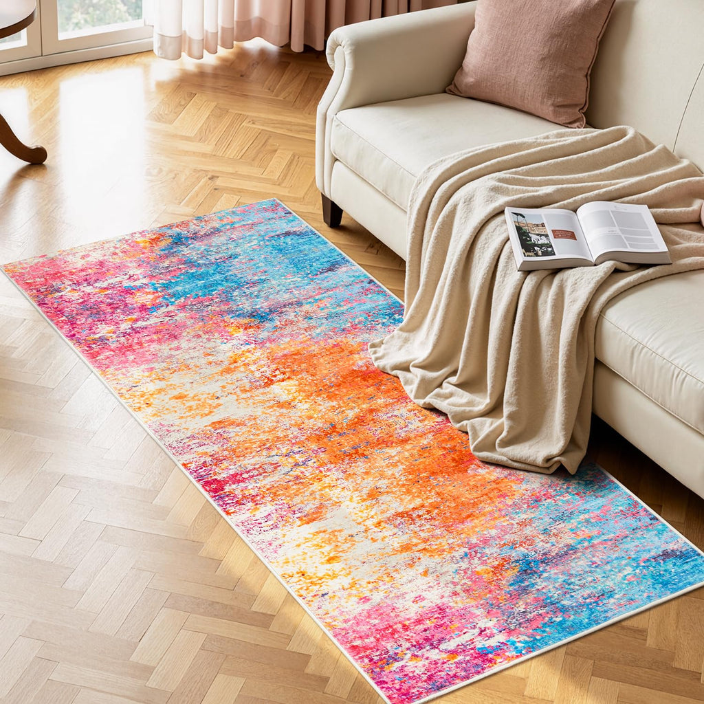 3x8 Runner Rug, Washable Colorful Rainbow Runners