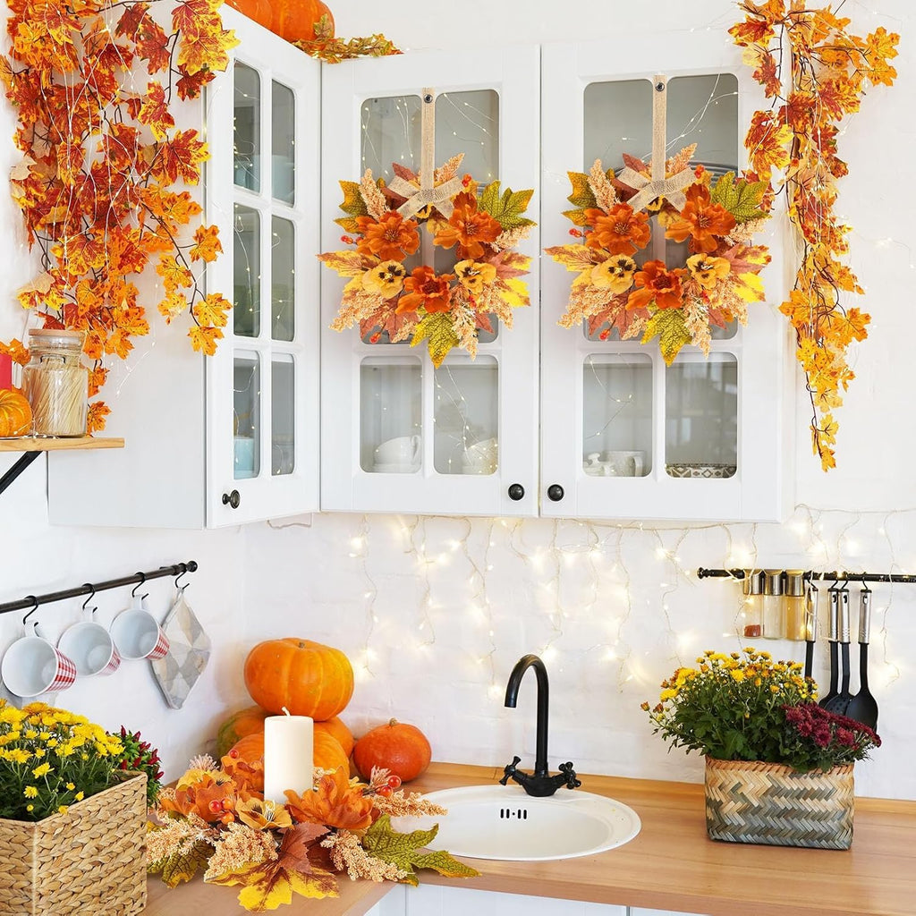Fall Candle Rings Mini Autumn Floral Candle Wreaths with Berries Table Centerpiece Fall Wreath for Farmhouse - Set of 6
