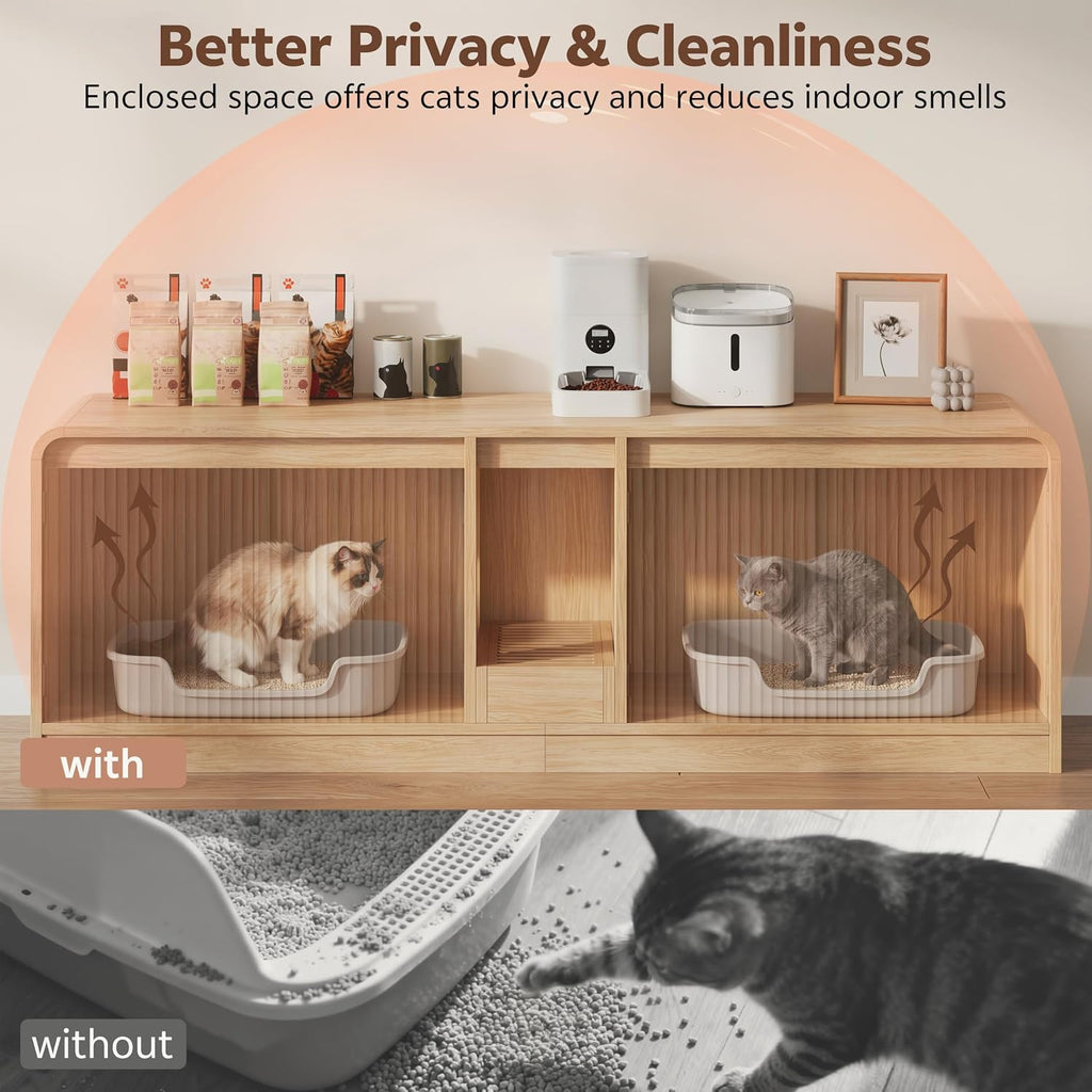 Double Litter Box Enclosure with Litter Collector, 59In, Natural