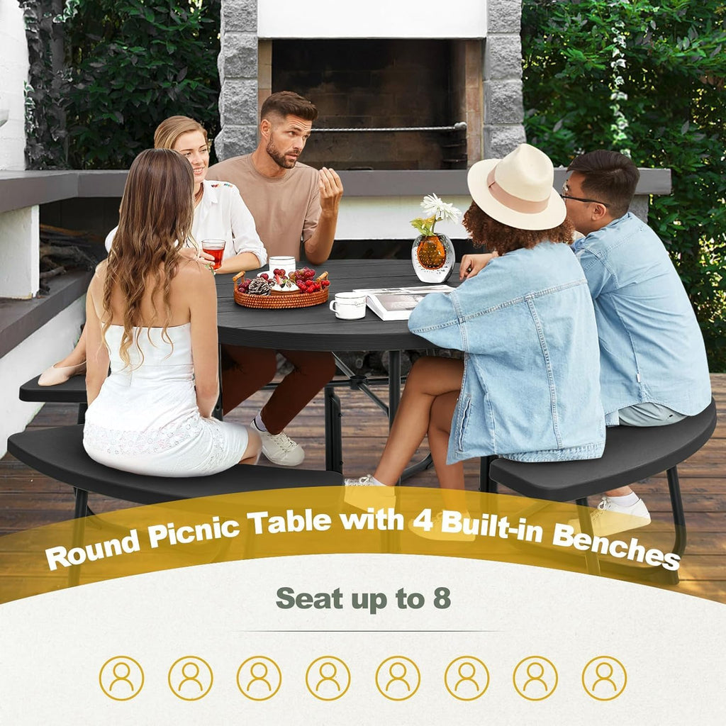 Round Picnic Table for Outdoors, 8 Person Outdoor Picnic Tables & Benches Set with Umbrella Hole, HDPE Tabletop &
