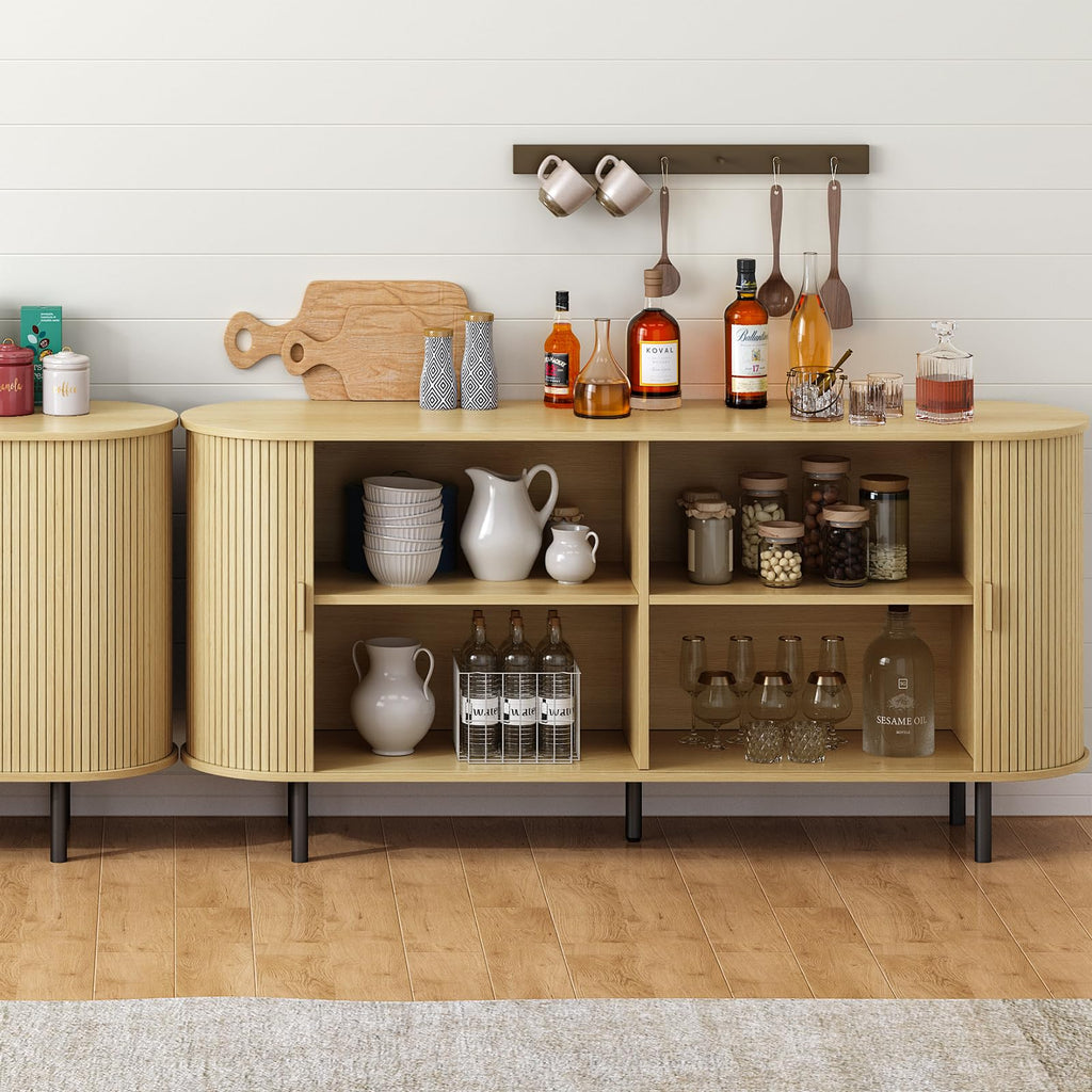 63" Sideboard Buffet Cabinet, Sliding Door/Adjustable Shelf, Oak