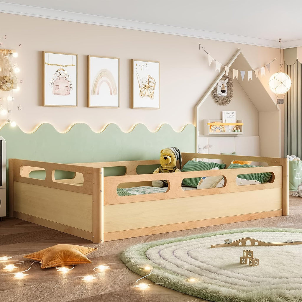 Pine Wood Floor Bed Frame with 16.5"Full-Length Guardrails