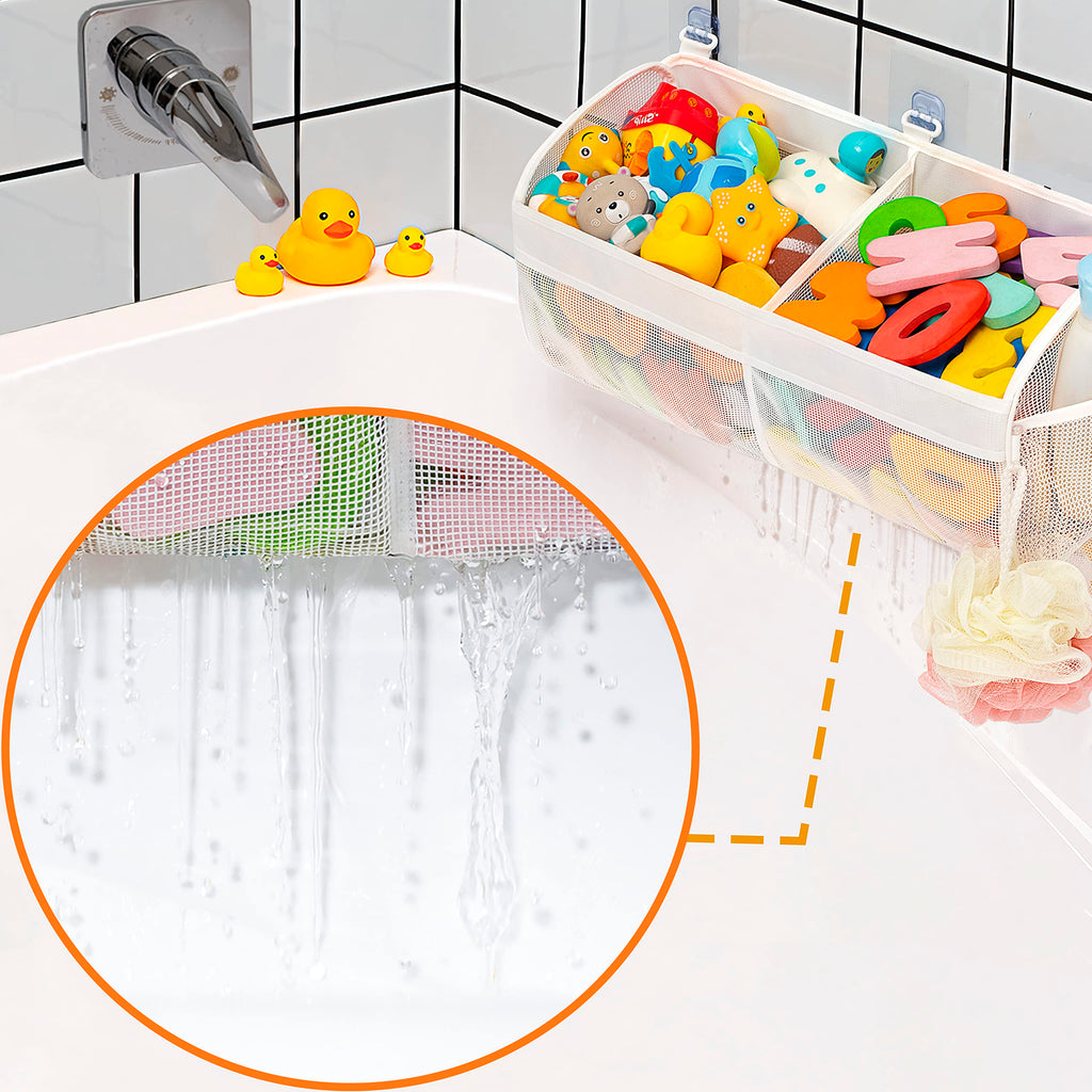 Original Two Compartment Easy-access Mesh Bath Toy Organizer for Bath Tub with Large Openings Quick Drying Cute