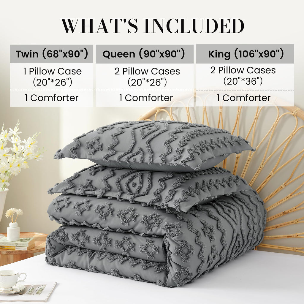 Tufted Boho Comforter Set Queen Size, 3 Pieces Soft Textured Bed Set, Lightweight Breathable Comforter for All