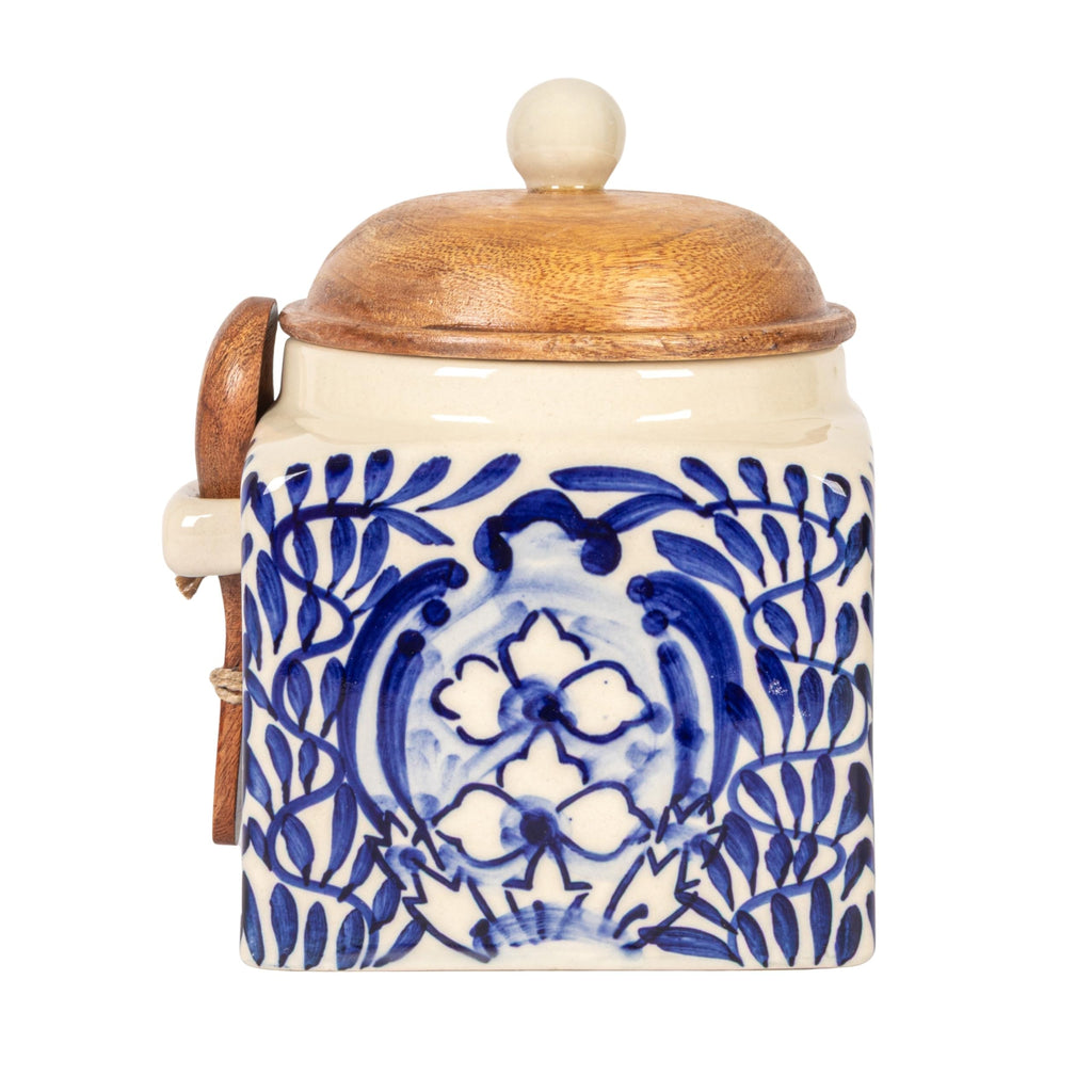 Co-Op Stoneware Canister with Design, Lid and Spoon, Cream, Blue and Natural