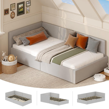 Twin Daybed with Headboard, Velvet Upholstered, Light Grey