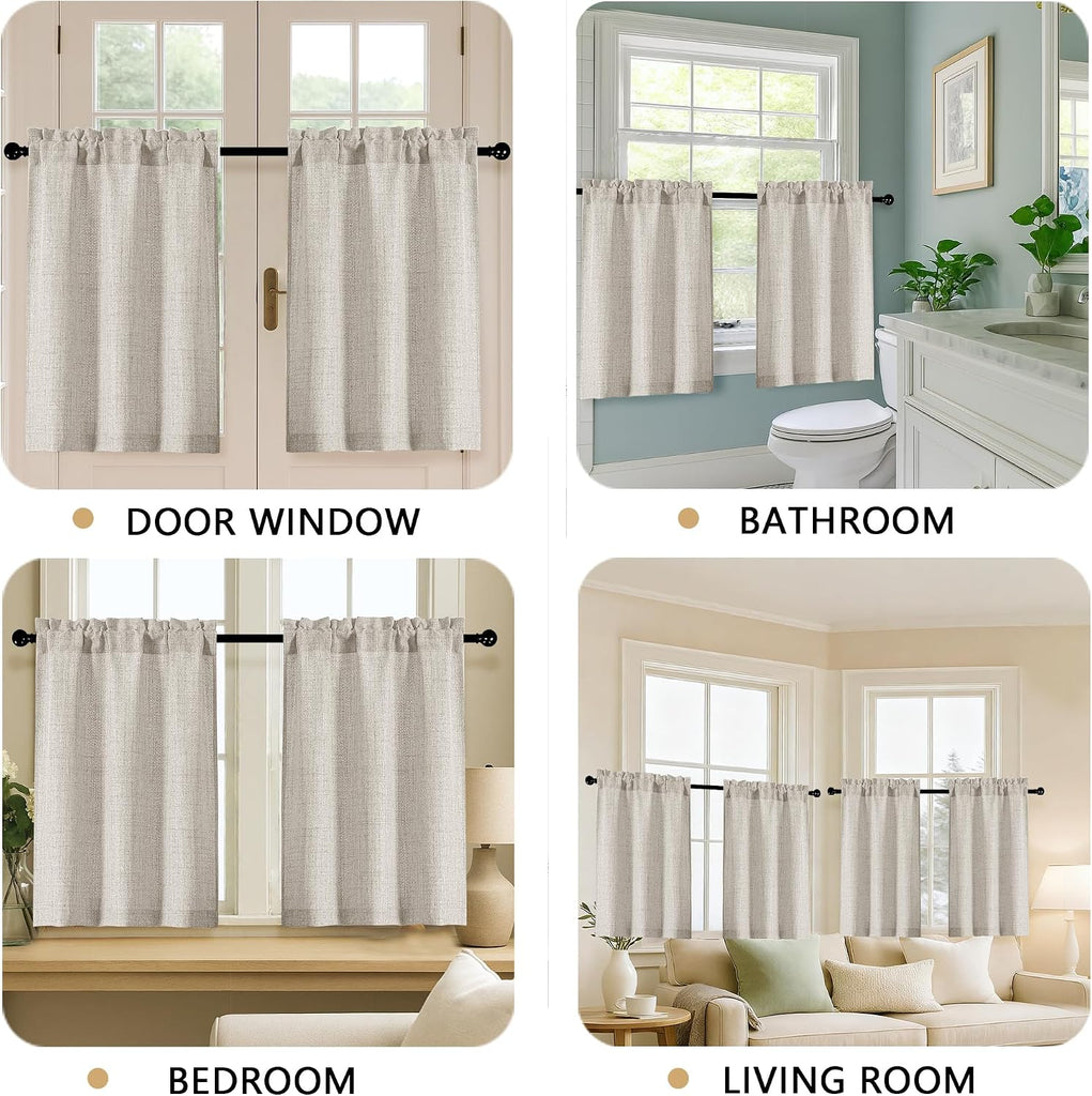 2 Panels Kitchen Curtains 36 Inch Length, Faux Linen Textured Small Cafe Window Curtain Over Sink, Light Filtering