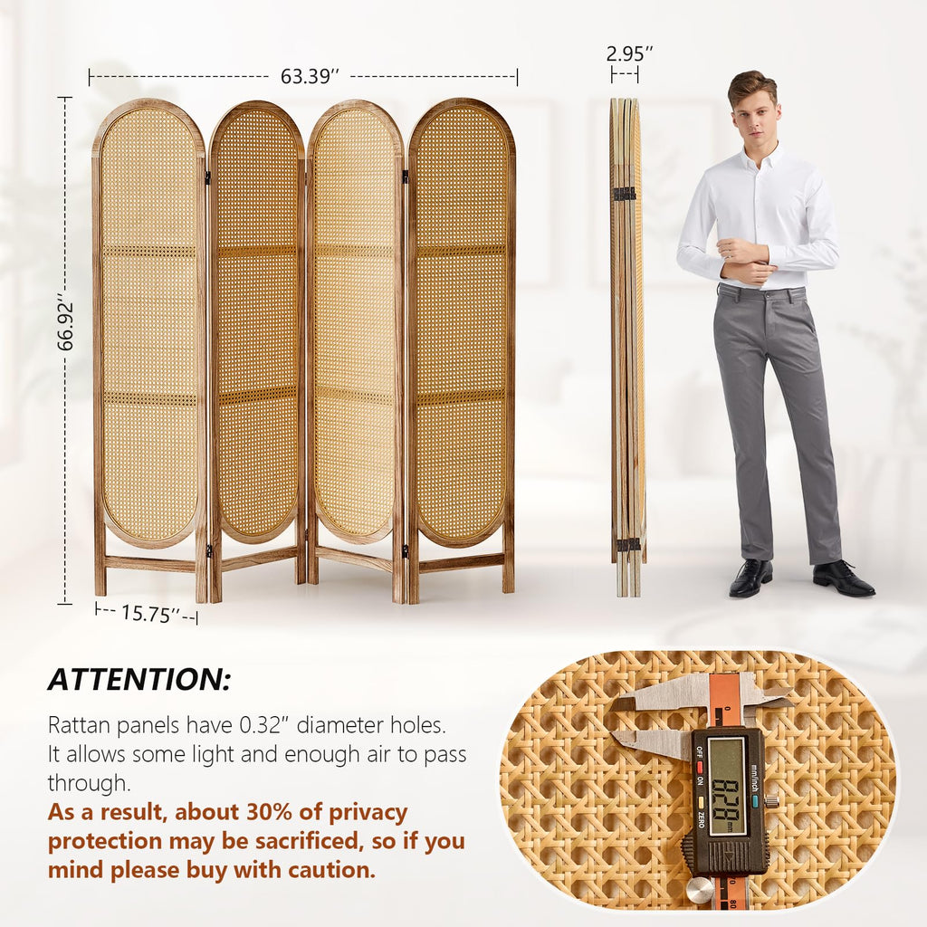4 Panel Rattan Room Divider Screen, Boho Folding Privacy Screen