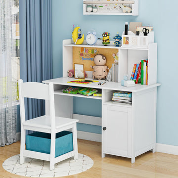 Kids Desk and Chair Set with Cork Board & Storage Drawer, White