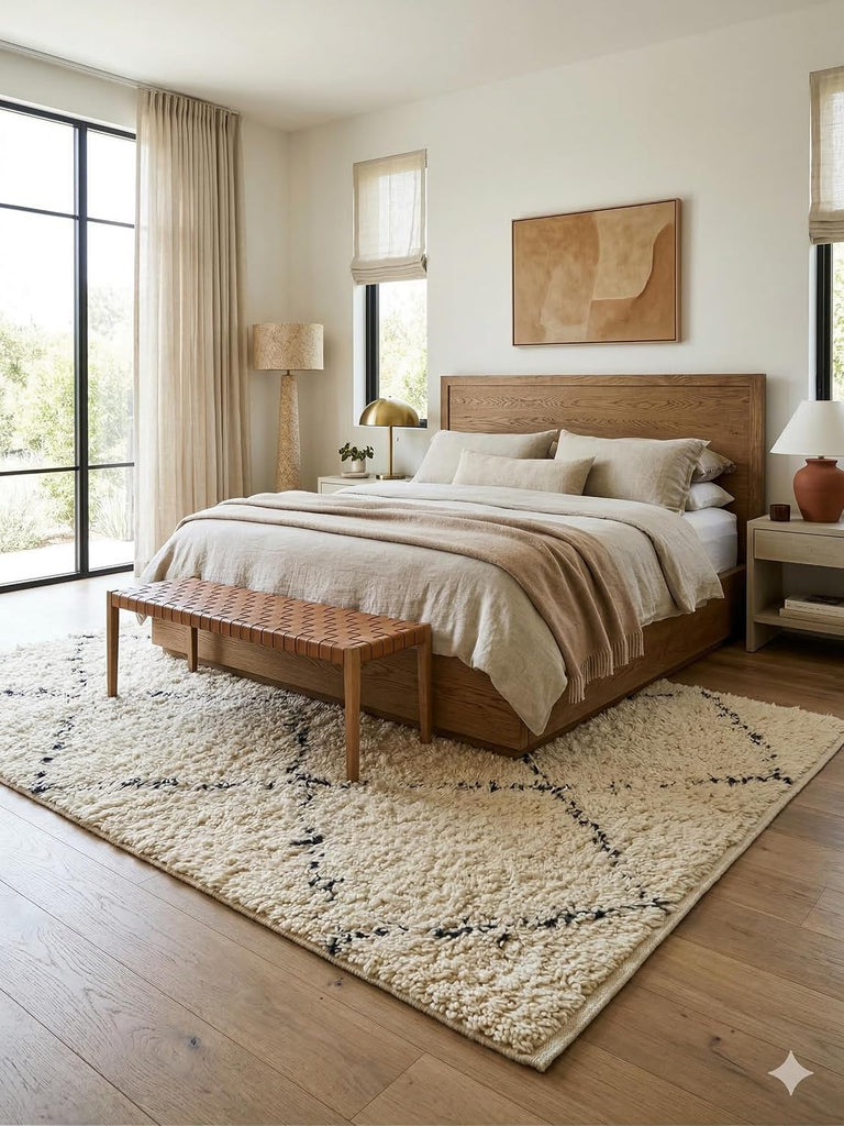 Handmade Moroccan Berber Area Rug 6' x 9', 100% Wool High Pile Shag, Ivory/Cream with Charcoal Broken Diamond Pattern