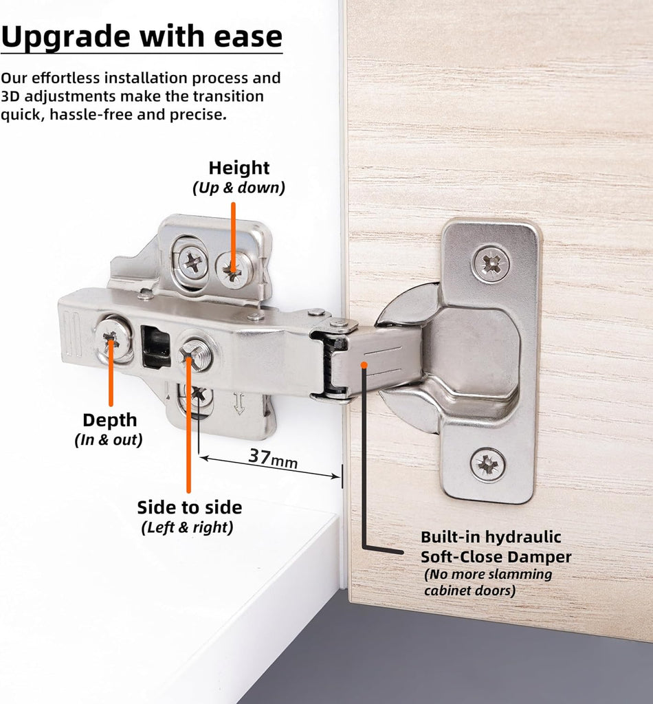 Full Overlay European Soft Close Cabinet Hinges Cabinets (10 Pcs) -105° Frameless Concealed Cabinet Door Hinge -5 Way