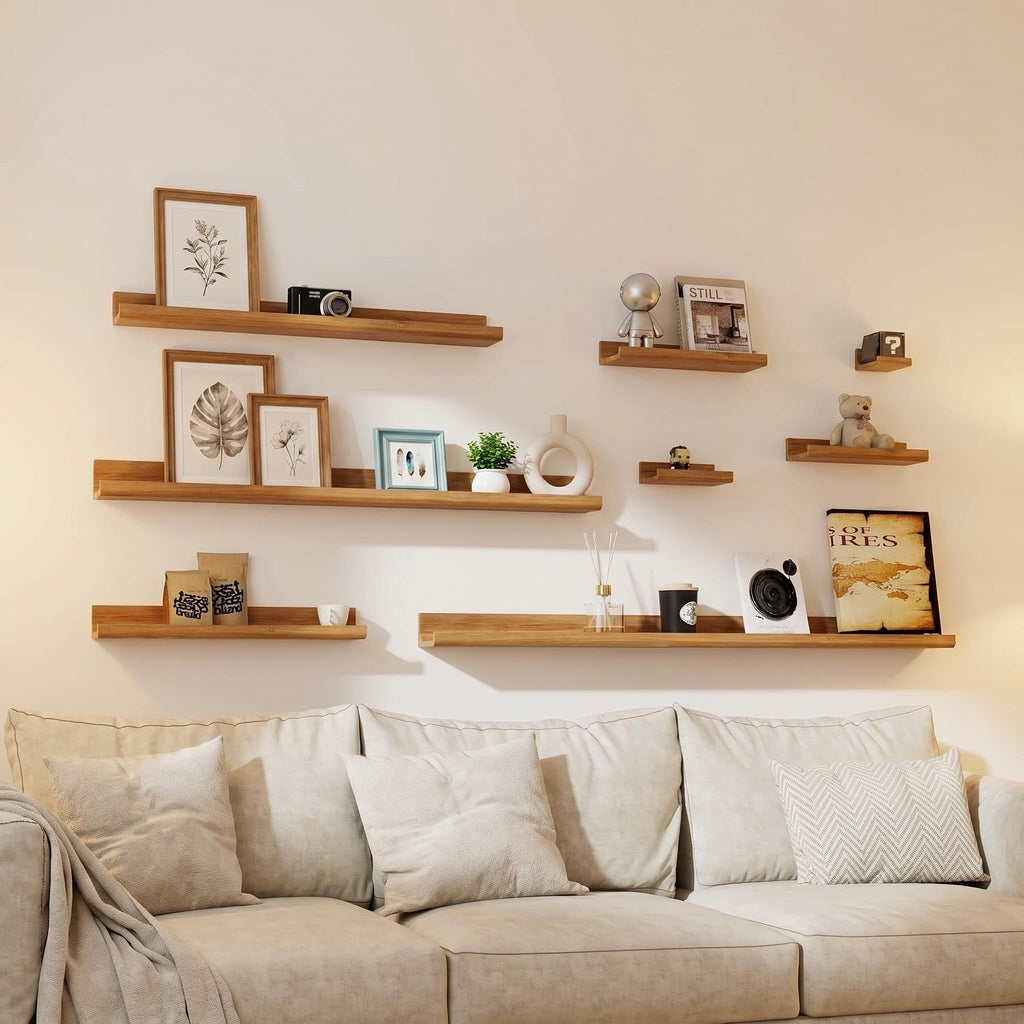 Pine Wood Floating Shelves Set of 2, Wall Mounted Display Ledge Shelves with Lip, Rustic Farmhouse Storage Organizer