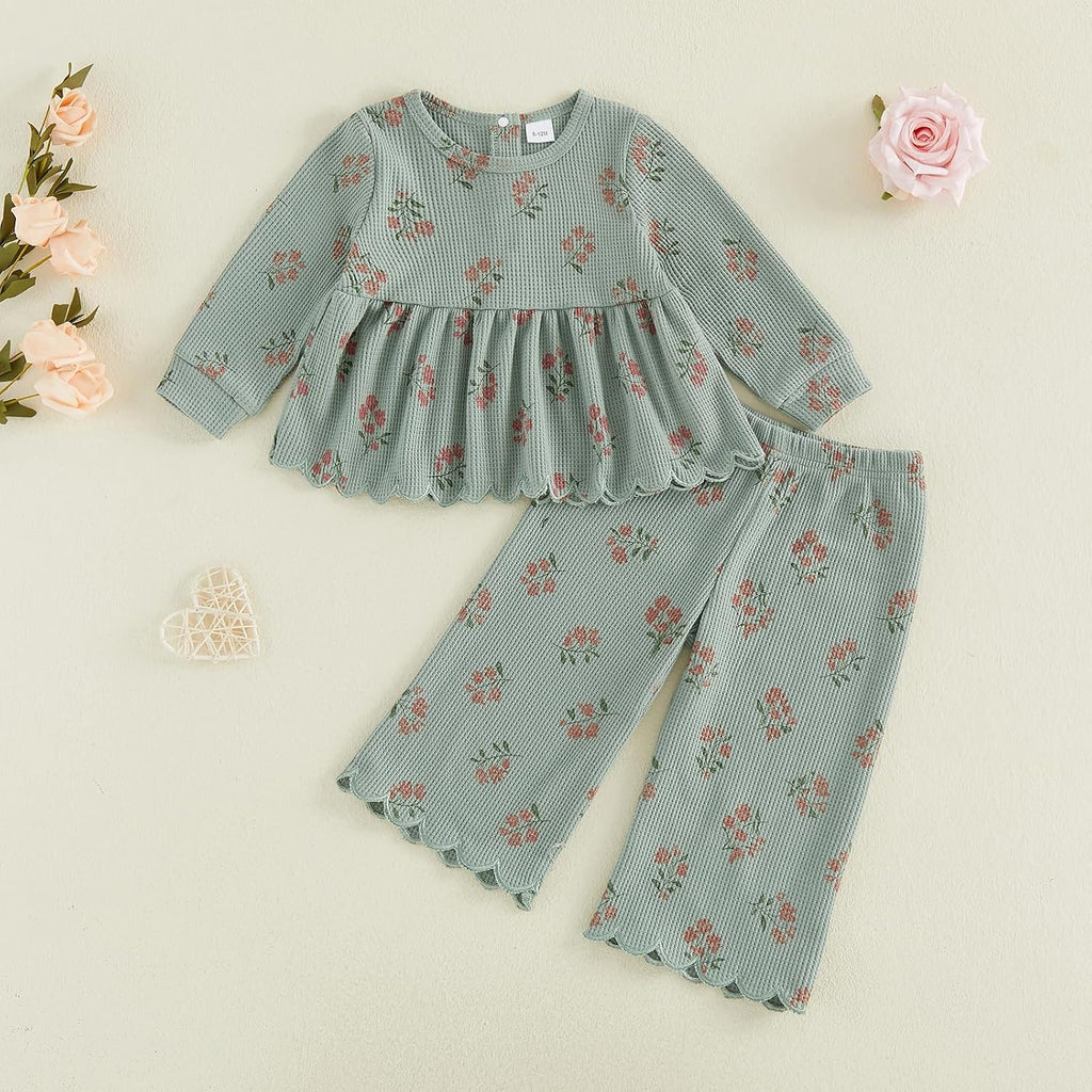 Toddler Girl Fall Winter Clothes Waffle Knit Outfits Floral Long Sleeve Scalloped Shirt Pants Baby Kids Clothing Set