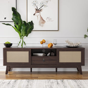 Rattan TV Stand for TVs, Wood TV Stand Mid Century Modern TV Stand TV Media Console with Drawer and 2 Cabinets, Boho