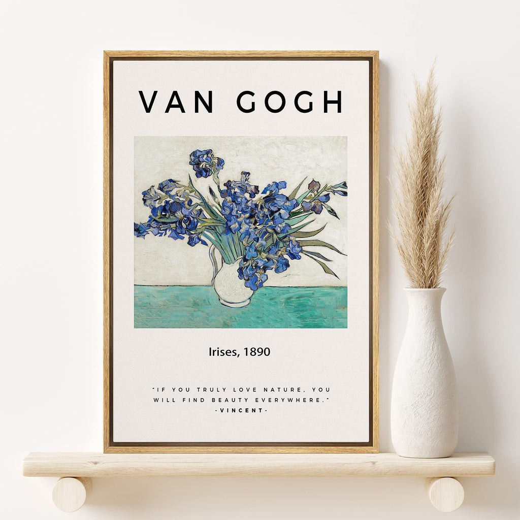 Framed Canvas Print Wall Art Van Gogh Irises 1890 Decorative Brushstroke Illustrations Fine Art Colorful Multicolor