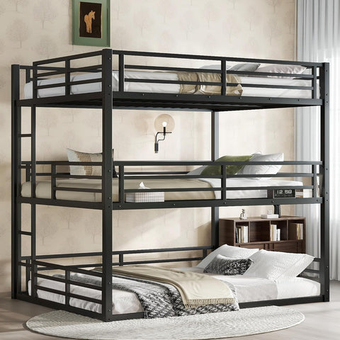 Heavy Duty Triple Bunk Bed, Queen Over Full XL Over Queen 3 Bunk Beds with Ladders