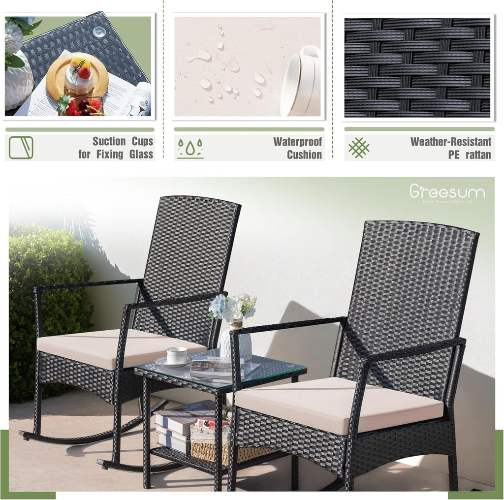 3 Pieces Patio Furniture Set Outdoor Wicker Rocking Chairs,Beige | With Glass Coffee Table for Garden Backyard Porch