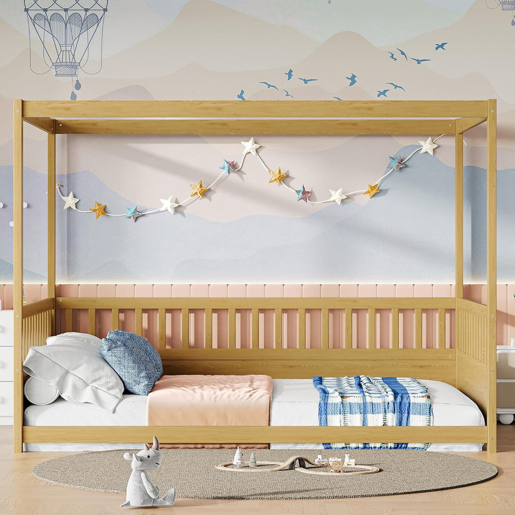 Canopy Bed Frame with 4 Posters and Guardrails, Montessori Floor Bed with High Fence, Natural