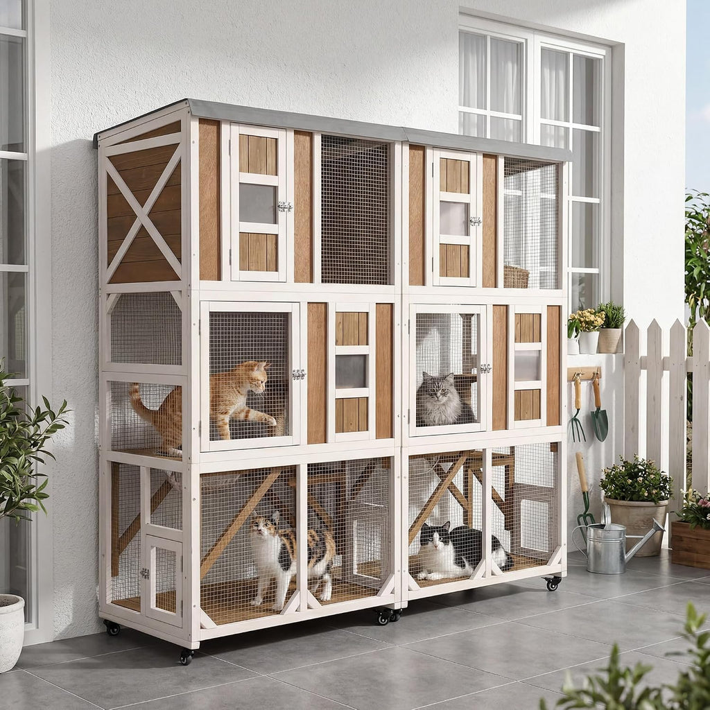63.5" H Outdoor Cat Enclosure, Wooden Window Catio with Wheels