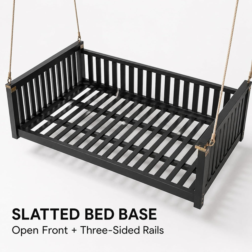 Outdoor Porch Swing Bed, Twin Size Acacia Wood Daybed (Black) | Acacia Wood Frame, Hemp Ropes, Fits Twin Mattress