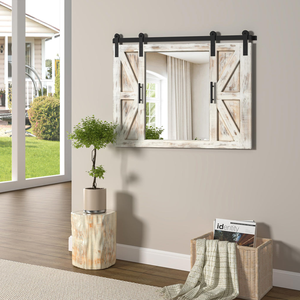 Farmhouse Barn Door Mirror - 37" x 26" Wall Mirror Rustic White