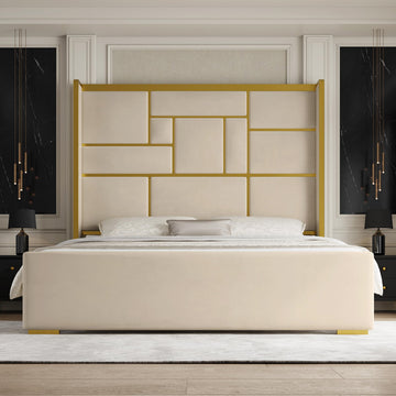 Queen Bed Frame with Gold Trim Headboard, Upholstered Bed, Beige
