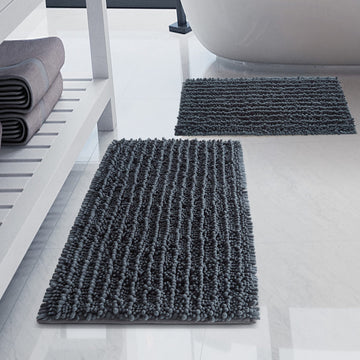 Luxury Chenille Charcoal Grey Bathroom Rugs Sets 2 Piece, Thickened Hot Melt Rubber Bottom Bath Mats Non Slip, Bath