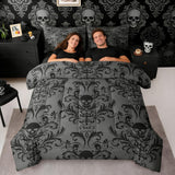 Erosebridal Gothic Damask Bed in a Bag Queen Comforter Set 7 Piece,Sugar Skull Bedding Sets Black Grey Victorian