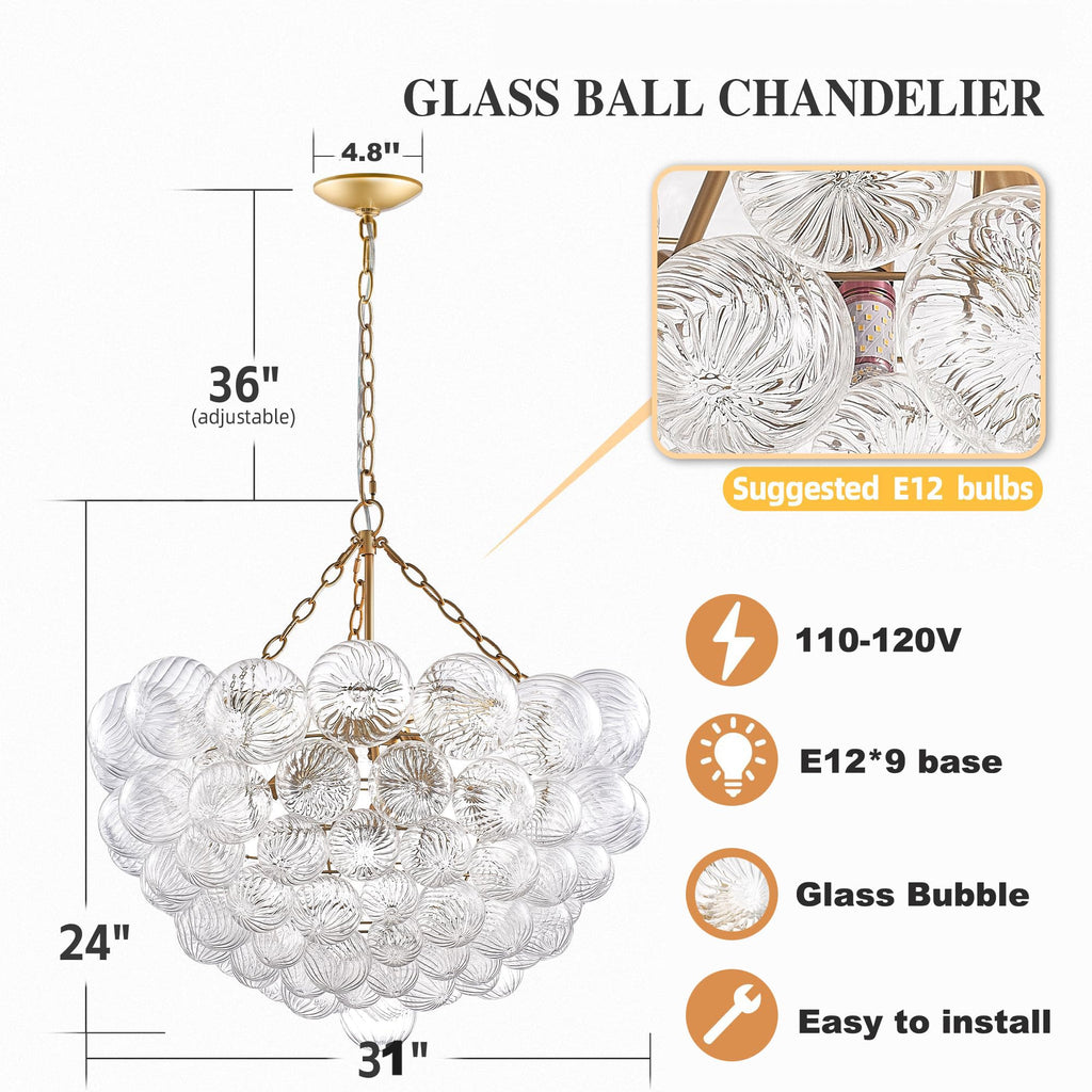 Nordic Bubble Ball Glass Chandelier 31", Gold and Clear, 9-Light