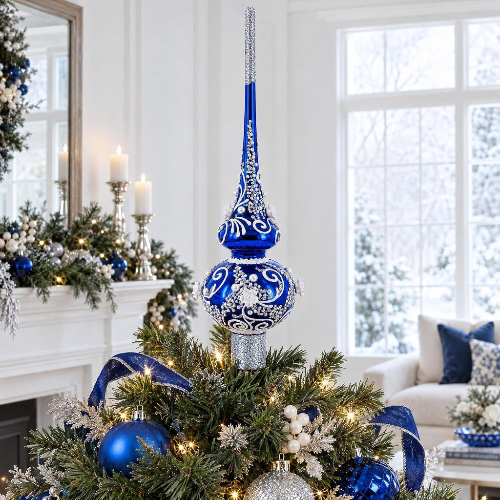 Silver Swirls on Blue Glass Christmas Tree Topper 11 Inches