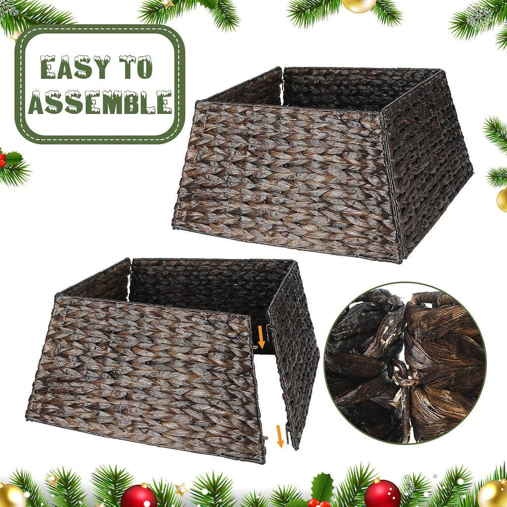 22 Inch Christmas Tree Collar Water Hyacinth Woven Farmhouse Square Base Cover Christmas Tree Basket for Xmas Holiday