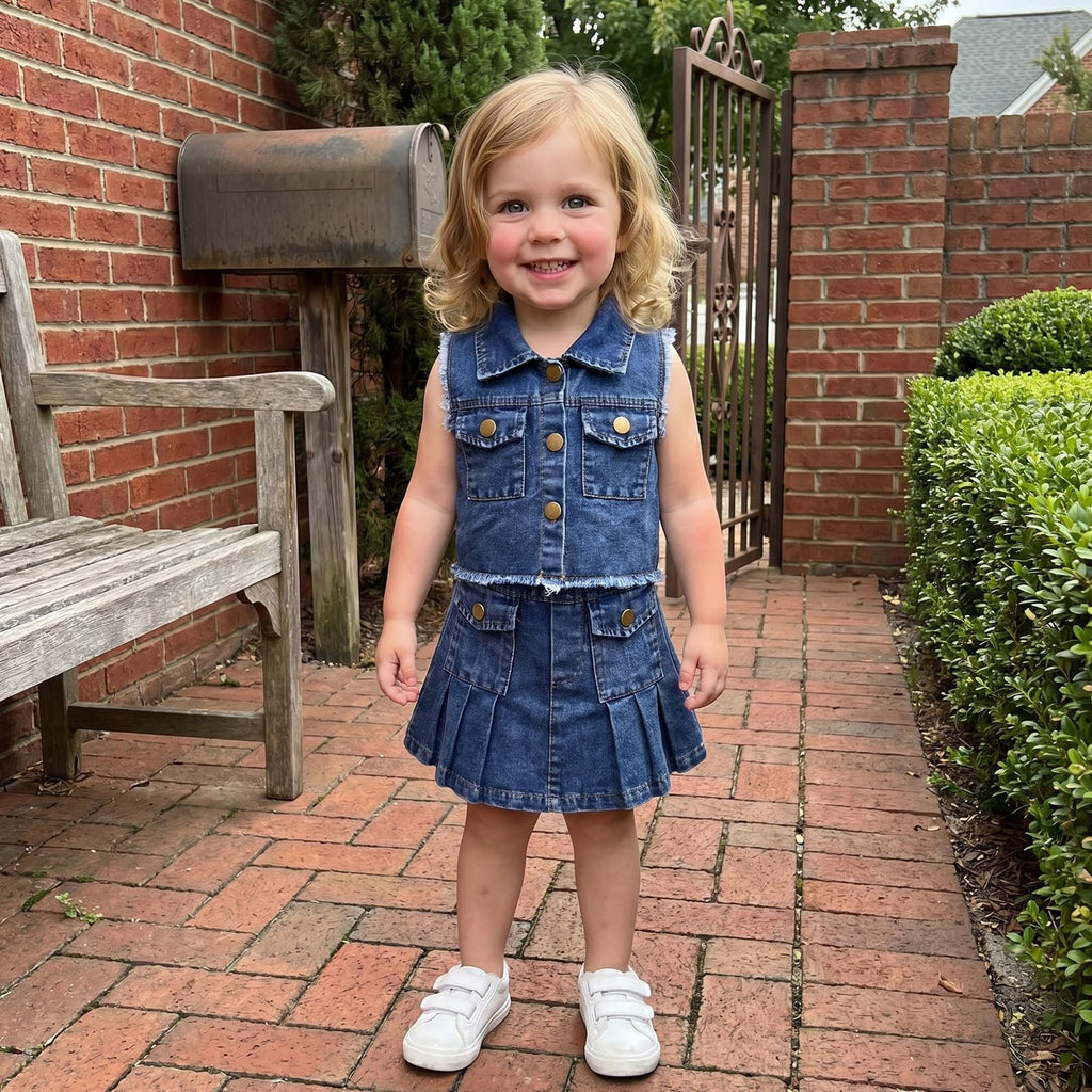 Little Girls Summer Jeans Outfits Denim Sleeveless Button Down Vest Tops Pleated Skirt Kid Toddler Waistcoat Clothes