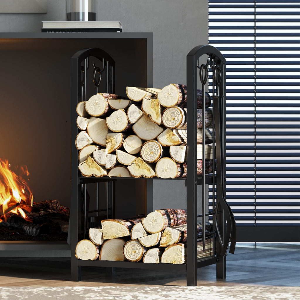 Firewood Rack Log Holder Wood Storage with 4 Fireplace Tool Set
