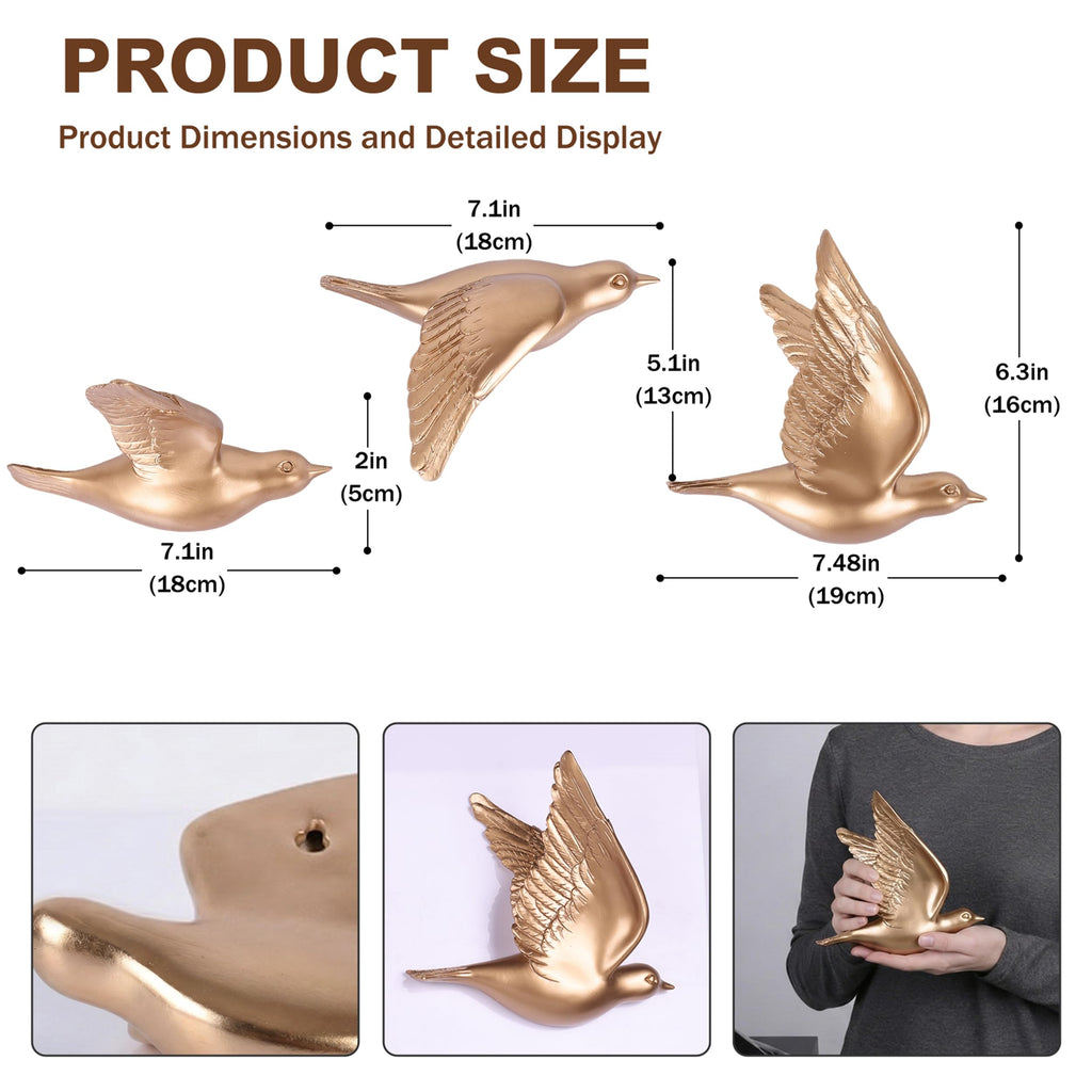 3D Birds Wall Decor Set of 3 Resin Wall Sculpture(Gold)