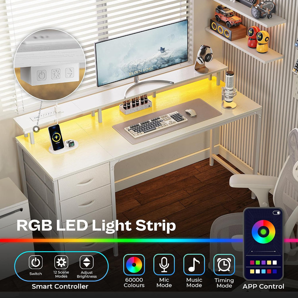 55 Inch Computer Desk with Power Outlets and LED Lights, Gaming Desk with 4 Drawers, Office Desk with Monitor Stand