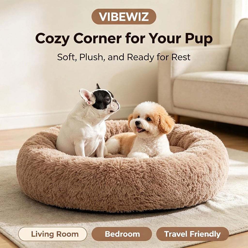 Calming Dog Bed, Washable Donut Cuddler Round Plush, 33ins Camel