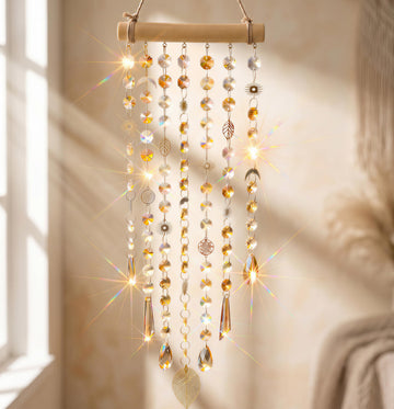 Crystal Suncatcher for Window, K9 Crystal Rainbow Maker with Sun & Moon Charms, Amber Prism Hanging Decor & Garden