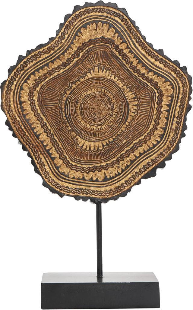 79 Resin Tribal Decorative Sculpture Abstract Carved Home Decor Statue with Black Stand and Wavy Edge, Accent