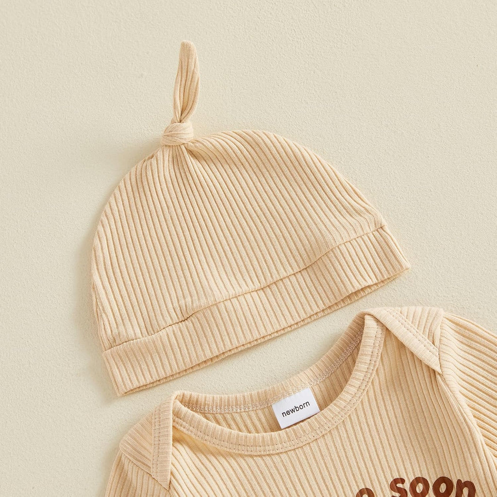 Newborn Highland Cow Romper Hat Set Ribbed Long Sleeve Baby Outfit